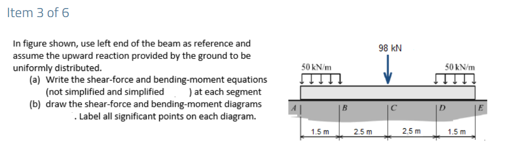 Item 3 of 6
In figure shown, use left end of the beam as reference and
assume the upward reaction provided by the ground to be
uniformly distributed.
(a) Write the shear-force and bending-moment equations
(not simplified and simplified
(b) draw the shear-force and bending-moment diagrams
98 kN
50 kN/m
50 kN/m
) at each segment
D
|E
Label all significant points on each diagram.
1.5 m
2.5 m
2.5 m
1.5 m
