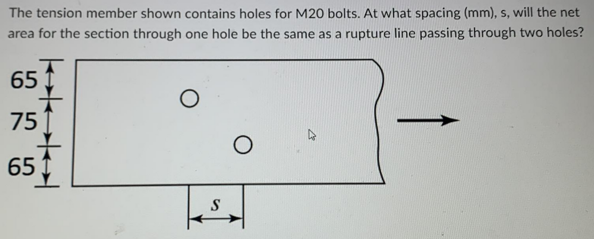 The tension member shown contains holes for M20 bolts. At what spacing (mm), s, will the net
area for the section through one hole be the same as a rupture line passing through two holes?
65
75
65
