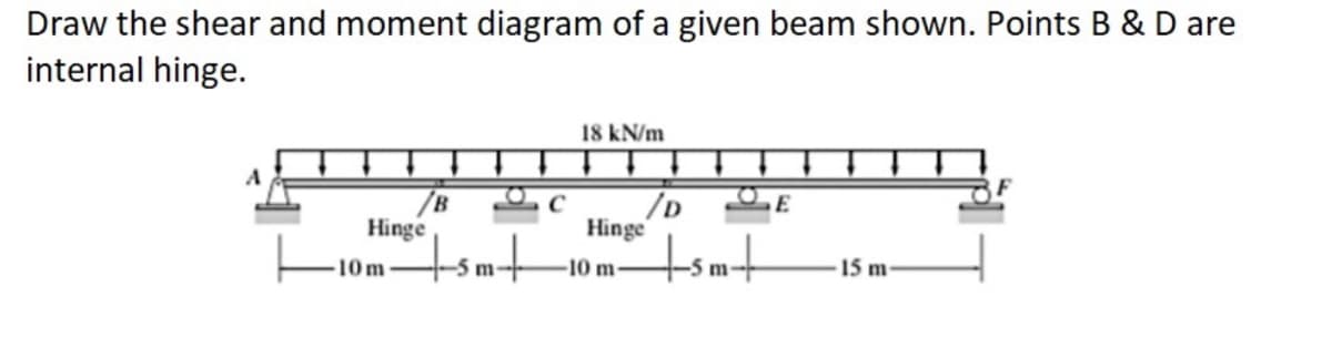 Draw the shear and moment diagram of a given beam shown. Points B & D are
internal hinge.
18 kN/m
TD
Hinge
tsmt
Hinge
tsmt
10 m-
15 m
10 m
