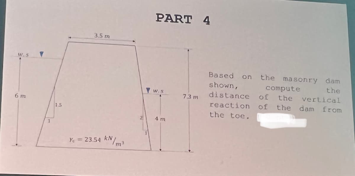PART
4
3.5 m
W, S
Based
the
masonry dam
the
on
shown,
compute
V w.S
distance
of
the
vertical
7.3 m
6 m
reaction
of
the
dam
from
the toe.
4 m
1
Ye = 23.54 KNm3
