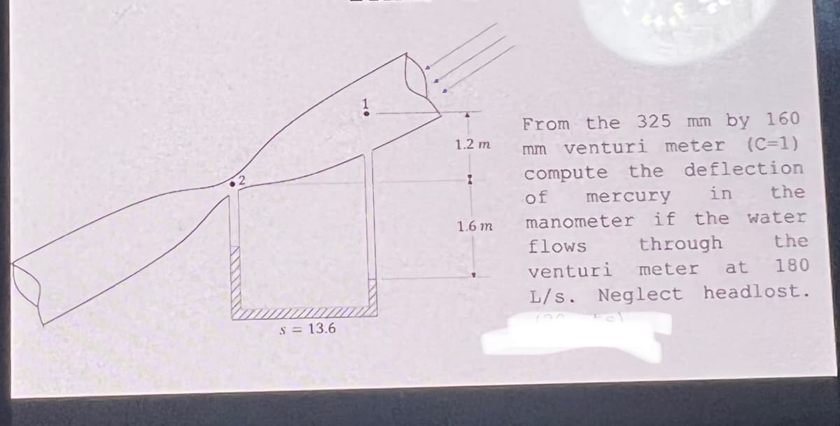 From the 325 mm by 160
1.2 m
mm venturi meter (C=1)
compute the deflection
of
mercury
in
the
1.6 m
manometer
if the water
flows
through
the
venturi
meter
at
180
L/s. Neglect headlost.
S = 13.6
