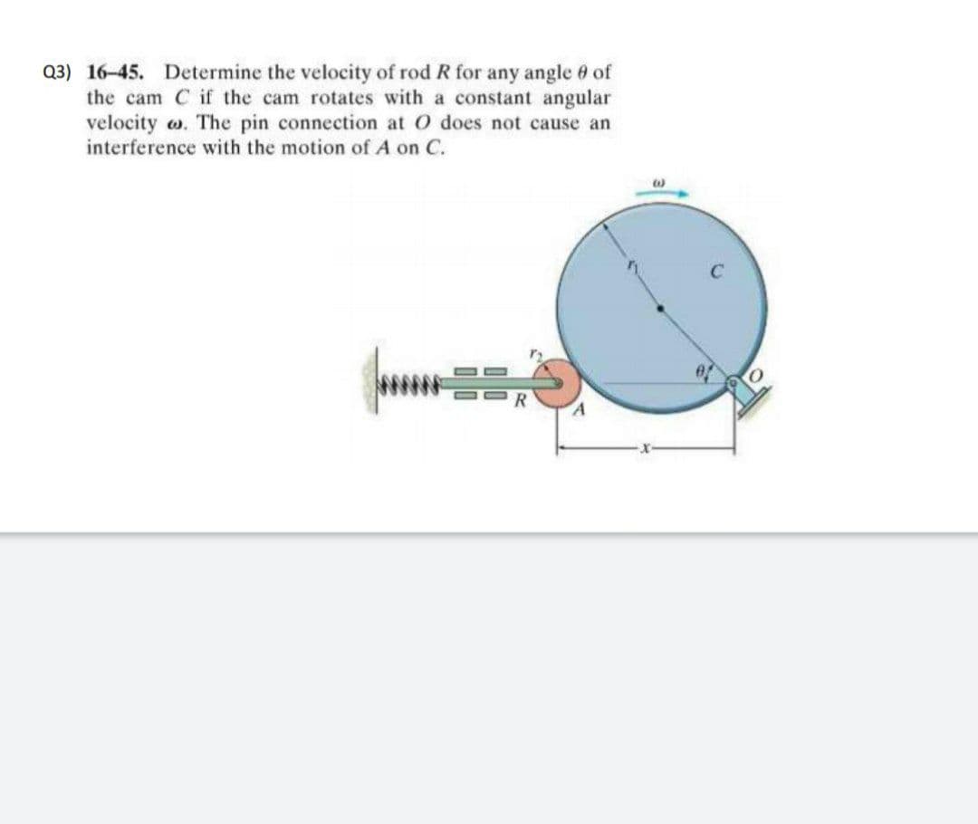 Q3) 16-45. Determine the velocity of rod R for any angle e of
the cam C if the cam rotates with a constant angular
velocity w. The pin connection at O does not cause an
interference with the motion of A on C.
