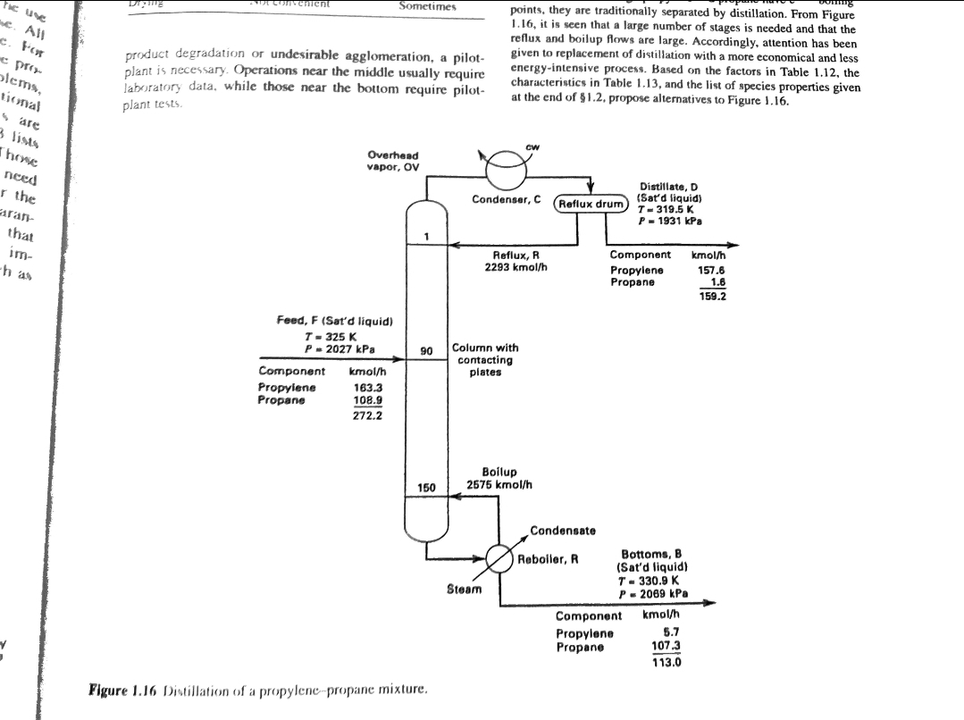 The use
e. All
c. For
a prox
blems,
tional
sare
3 lists
Those
need
r the
aran-
that
im-
-h as
nvenient
product degradation or undesirable agglomeration, a pilot-
plant is necessary. Operations near the middle usually require
laboratory data, while those near the bottom require pilot-
plant tests.
Feed, F (Sat'd liquid)
T = 325 K
P = 2027 kPa
Sometimes
Overhead
vapor, OV
Component kmol/h
163.3
108.9
272.2
Propylene
Propane
1
90
150
Figure 1.16 Distillation of a propylene-propane mixture.
points, they are traditionally separated by distillation. From Figure
1.16, it is seen that a large number of stages is needed and that the
reflux and boilup flows are large. Accordingly, attention has been
given to replacement of distillation with a more economical and less
energy-intensive process. Based on the factors in Table 1.12, the
characteristics in Table 1.13, and the list of species properties given
at the end of $1.2, propose alternatives to Figure 1.16.
Condenser, C
CW
Column with
contacting
plates
Steam
Reflux, R
2293 kmol/h
Boilup
2575 kmol/h
(Reflux drum
Condensate
Reboiler, R
Distillate, D
(Sat'd liquid)
T-319.5 K
P = 1931 kPa
Component
Propylene
Propane
Bottoms, B
(Sat'd liquid)
T-330.9 K
P=2069 kPa
Component
Propylene
Propane
kmol/h
5.7
107.3
113.0
kmol/h
157.6
1.6
159.2