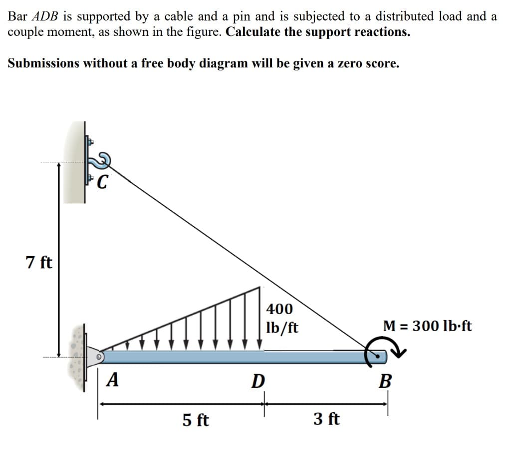 Bar ADB is supported by a cable and a pin and is subjected to a distributed load and a
couple moment, as shown in the figure. Calculate the support reactions.
Submissions without a free body diagram will be given a zero score.
7 ft
C
A
5 ft
D
400
lb/ft
3 ft
M = 300 lb-ft
B