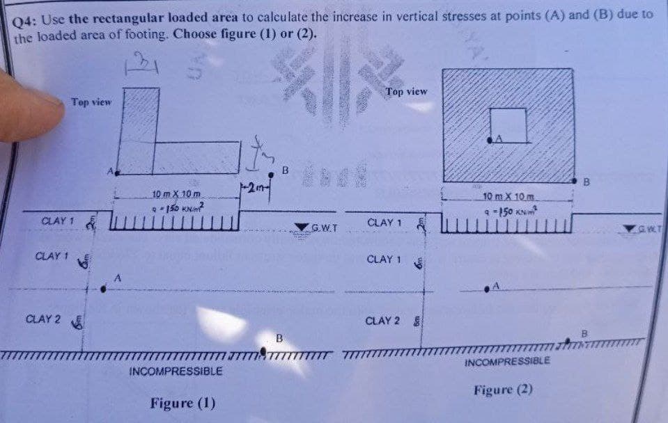 Q4: Use the rectangular loaded area to calculate the increase in vertical stresses at points (A) and (B) due to
the loaded area of footing. Choose figure (1) or (2).
Top view
Top view
B
10 m X 10 m
9-150 KNM²
10 m X 10 m
9-150 KN ²
B
wwwwww.atm
INCOMPRESSIBLE
Figure (2)
CLAY 1
CLAY 1
CLAY 2
A
1-2m-²
777777777
INCOMPRESSIBLE
Figure (1)
WAR
B
B
*20
G.W.T
77777 777
CLAY 1
CLAY 1
CLAY 2 S
G.W.T