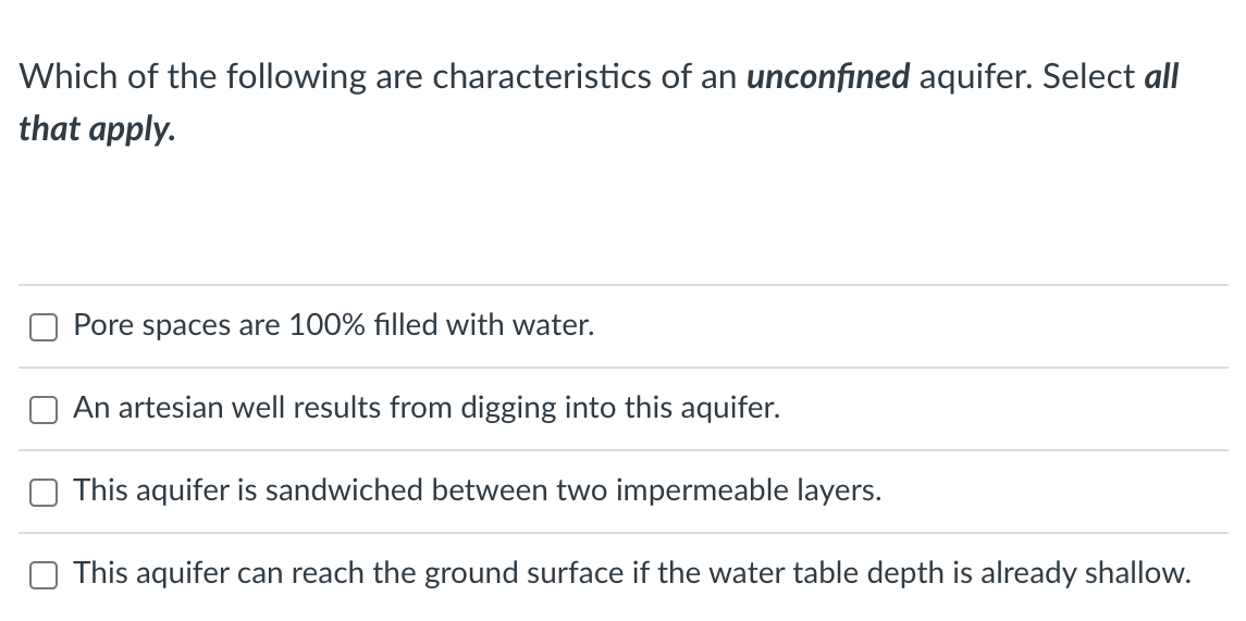 Which of the following are characteristics of an unconfined aquifer. Select all
that apply.
Pore spaces are 100% filled with water.
An artesian well results from digging into this aquifer.
This aquifer is sandwiched between two impermeable layers.
This aquifer can reach the ground surface if the water table depth is already shallow.
