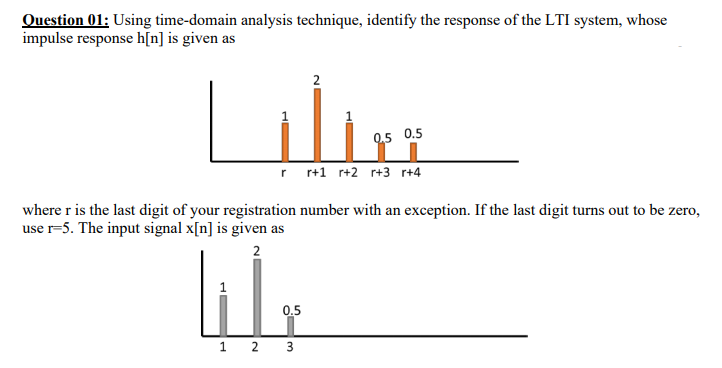 Question 01: Using time-domain analysis technique, identify the response of the LTI system, whose
impulse response h[n] is given as
0,5 0.5
r r+1 r+2 r+3 r+4
where r is the last digit of your registration number with an exception. If the last digit turns out to be zero,
use r=5. The input signal x[n] is given as
0.5
1 2
3.

