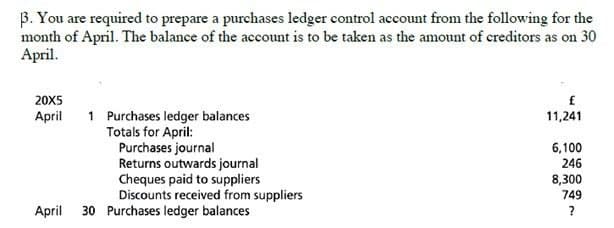 3. You are required to prepare a purchases ledger control account from the following for the
month of April. The balance of the account is to be taken as the amount of creditors as on 30
April.
20X5
April
1 Purchases ledger balances
Totals for April:
Purchases journal
11,241
6,100
Returns outwards journal
246
Cheques paid to suppliers
8,300
Discounts received from suppliers
749
April
30 Purchases ledger balances
?