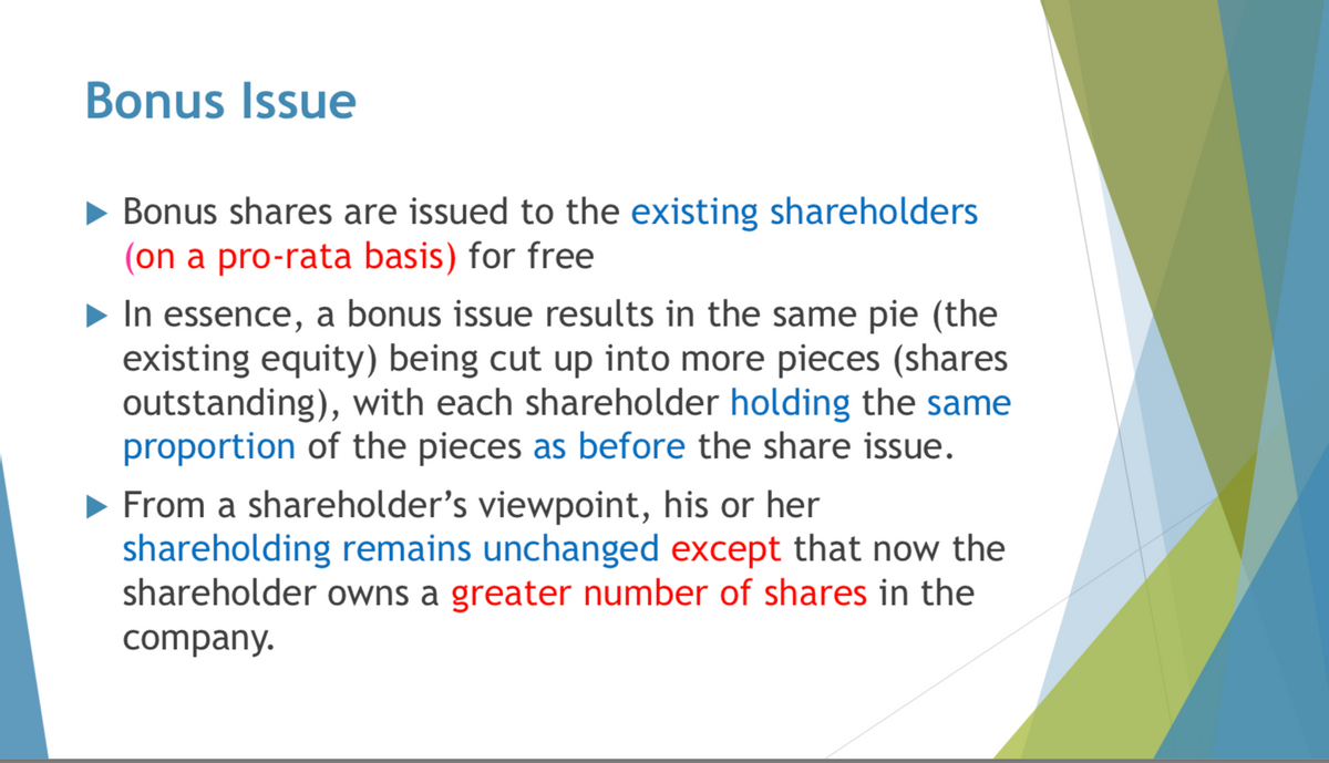 Bonus Issue
► Bonus shares are issued to the existing shareholders
(on a pro-rata basis) for free
► In essence, a bonus issue results in the same pie (the
existing equity) being cut up into more pieces (shares
outstanding), with each shareholder holding the same
proportion of the pieces as before the share issue.
► From a shareholder's viewpoint, his or her
shareholding remains unchanged except that now the
shareholder owns a greater number of shares in the
company.