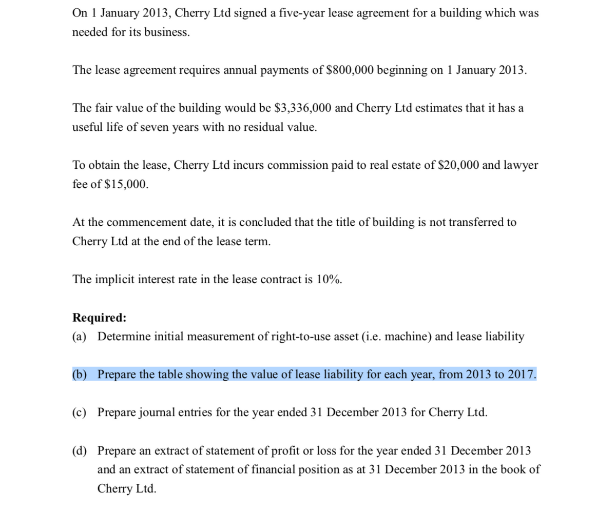 On 1 January 2013, Cherry Ltd signed a five-year lease agreement for a building which was
needed for its business.
The lease agreement requires annual payments of $800,000 beginning on 1 January 2013.
The fair value of the building would be $3,336,000 and Cherry Ltd estimates that it has a
useful life of seven years with no residual value.
To obtain the lease, Cherry Ltd incurs commission paid to real estate of $20,000 and lawyer
fee of $15,000.
At the commencement date, it is concluded that the title of building is not transferred to
Cherry Ltd at the end of the lease term.
The implicit interest rate in the lease contract is 10%.
Required:
(a) Determine initial measurement of right-to-use asset (i.e. machine) and lease liability
(b) Prepare the table showing the value of lease liability for each year, from 2013 to 2017.
(c) Prepare journal entries for the year ended 31 December 2013 for Cherry Ltd.
(d) Prepare an extract of statement of profit or loss for the year ended 31 December 2013
and an extract of statement of financial position as at 31 December 2013 in the book of
Cherry Ltd.