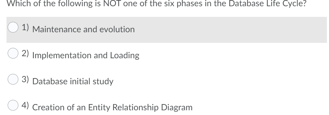Which of the following is NOT one of the six phases in the Database Life Cycle?
1) Maintenance and evolution
2) Implementation and Loading
3) Database initial study
4) Creation of an Entity Relationship Diagram
