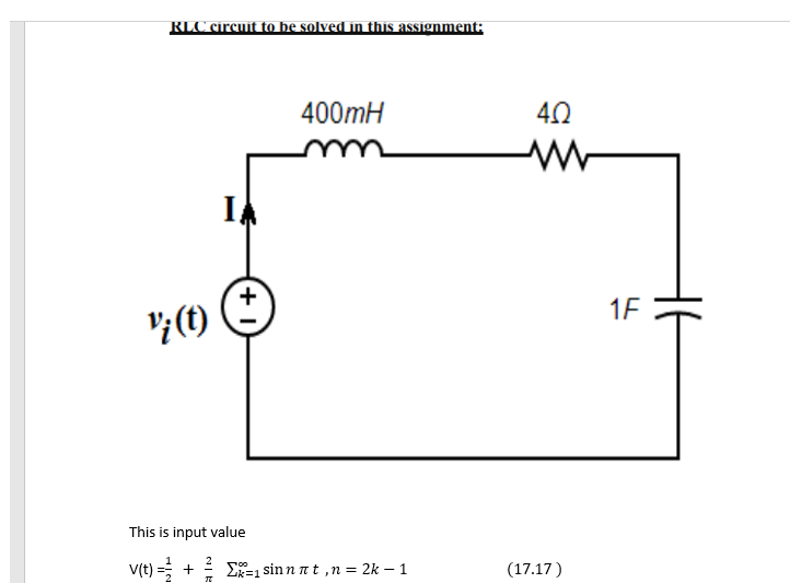 RLC circuit to he solved in this assignment:
400mH
40
u
IA
+
1F
This is input value
V(t) =; + E=1 sinn nt ,n = 2k – 1
(17.17)
