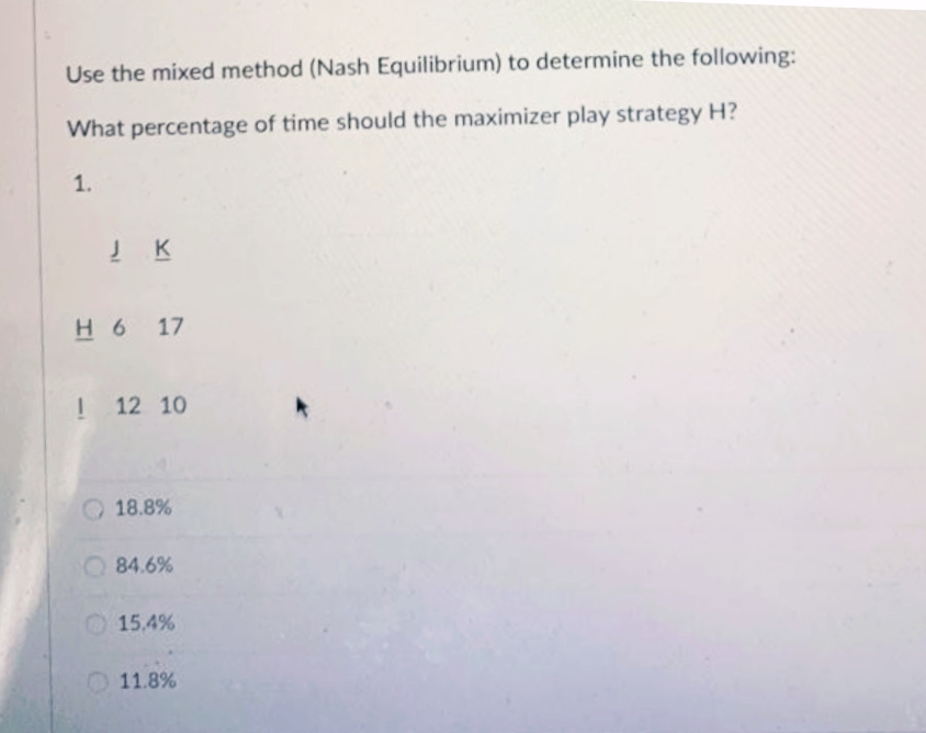 Use the mixed method (Nash Equilibrium) to determine the following:
What percentage of time should the maximizer play strategy H?
1.
H6 17
! 12 10
18.8%
84.6%
O 15.4%
11.8%
