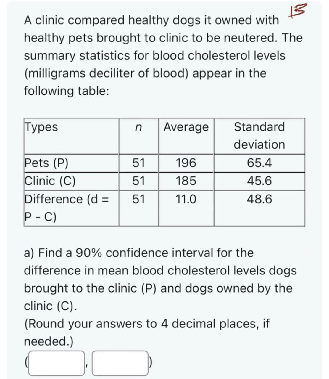 A clinic compared healthy dogs it owned with
healthy pets brought to clinic to be neutered. The
summary statistics for blood cholesterol levels
(milligrams deciliter of blood) appear in the
following table:
Types
n Average
Standard
deviation
Pets (P)
51
196
65.4
Clinic (C)
51
185
45.6
Difference (d =
51
11.0
48.6
P - C)
a) Find a 90% confidence interval for the
difference in mean blood cholesterol levels dogs
brought to the clinic (P) and dogs owned by the
clinic (C).
(Round your answers to 4 decimal places, if
needed.)