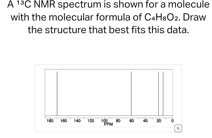 A 13C NMR spectrum is shown for a molecule
with the molecular formula of C4H8O2. Draw
the structure that best fits this data.
60
180 160 140 120 100 80 60
PPM
40 20 0