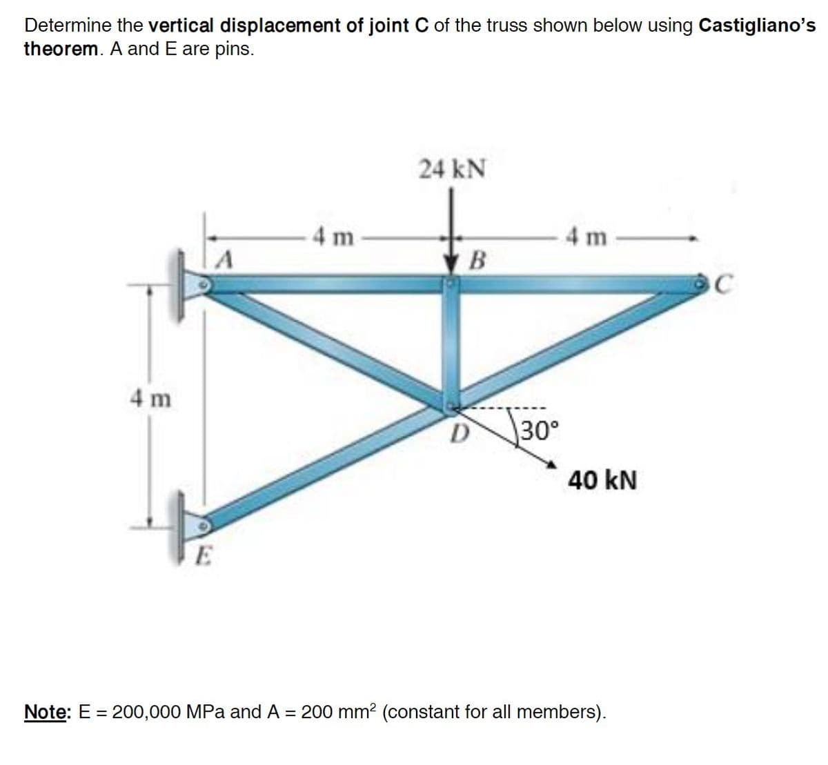 Determine the vertical displacement of joint C of the truss shown below using Castigliano's
theorem. A and E are pins.
4 m
E
4 m
24 kN
B
D
30°
4 m
40 kN
Note: E = 200,000 MPa and A = 200 mm² (constant for all members).
C