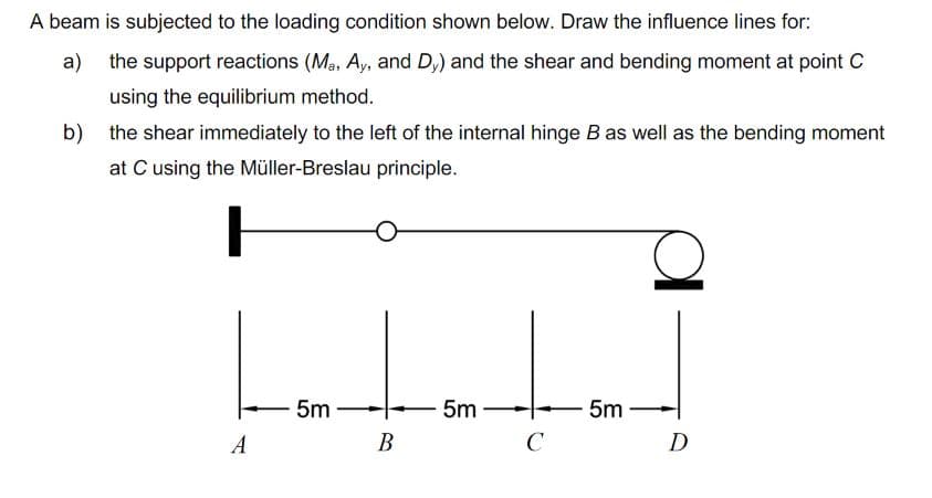 A beam is subjected to the loading condition shown below. Draw the influence lines for:
a) the support reactions (Ma, Ay, and Dy) and the shear and bending moment at point C
using the equilibrium method.
b) the shear immediately to the left of the internal hinge B as well as the bending moment
at C using the Müller-Breslau principle.
F
A
5m
B
5m
C
5m
D