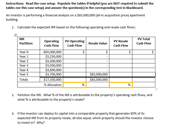 Instructions: Read the case setup. Populate the tables if helpful (you are NOT required to submit the
tables nor this case setup) and answer the question(s) in the corresponding test in Blackboard.
An investor is performing a financial analysis on a $65,000,000 (all-in acquisition price) apartment
building.
1. Calculate the expected IRR based on the following operating and resale cash flows:
IRR
PV Total
Operating
PV Operating
PV Resale
Partition:
Resale Value
Cash Flow
Cash Flow
Cash Flow
Cash Flow
Year 0
-$65,000,000
$
$
$
Year 1
$3,250,000
$3,300,000
$3,500,000
Year 2
Year 3
$3,600,000
$3,700,000
Year 4
Year 5
$83,000,000
Totals
$17,350,000
$83,000,000
% Allocation
%
2. Partition the IRR. What % of the IRR is attributable to the property's operating cash flows, and
what % is attributable to the property's resale?
3. If the investor can deploy its capital into a comparable property that generates 85% of its
expected IRR from its property resale, all else equal, which property should the investor choose
to invest in? Why?
