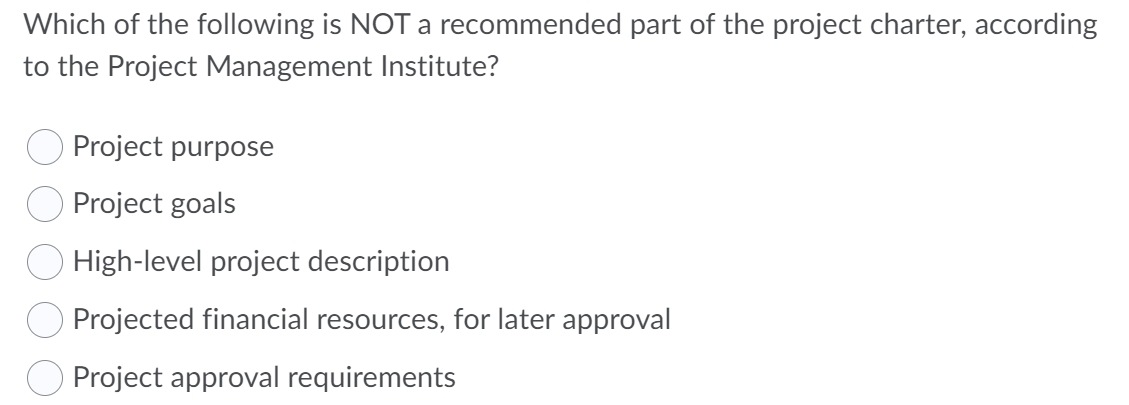 Which of the following is NOT a recommended part of the project charter, according
to the Project Management Institute?
Project purpose
O Project goals
High-level project description
Projected financial resources, for later approval
Project approval requirements
