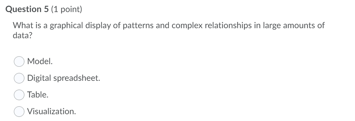 Question 5 (1 point)
What is a graphical display of patterns and complex relationships in large amounts of
data?
Model.
Digital spreadsheet.
Table.
Visualization.
