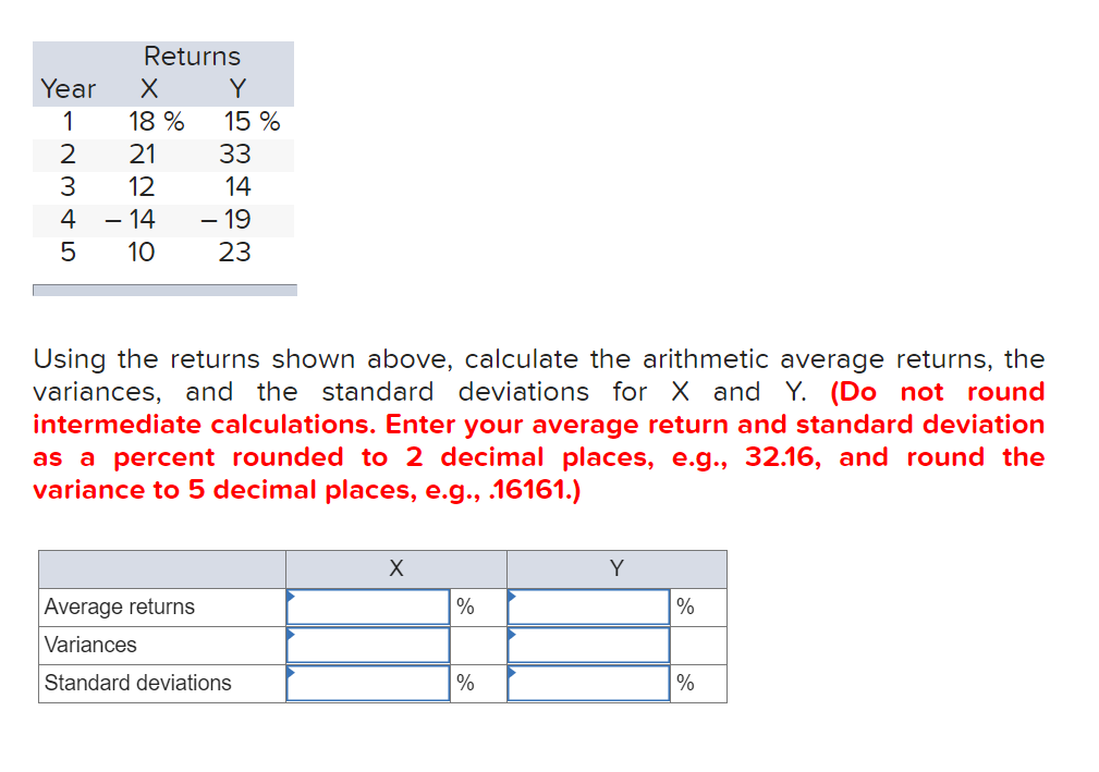 Returns
Year
Y
1
18 %
15 %
2
21
33
3.
12
14
4
- 14
- 19
5
10
23
Using the returns shown above, calculate the arithmetic average returns, the
variances, and the standard deviations for X and Y. (Do not round
intermediate calculations. Enter your average return and standard deviation
as a percent rounded to 2 decimal places, e.g., 32.16, and round the
variance to 5 decimal places, e.g., .16161.)
Y
Average returns
%
%
Variances
Standard deviations
%
%
