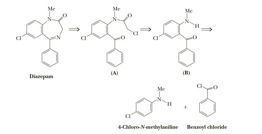 Me
Me
Me
Cl
CI
CI
(A)
(В)
Diazepam
Cl-
Me
CI
4-Chloro-N-methylaniline
Benzoyl chloride
