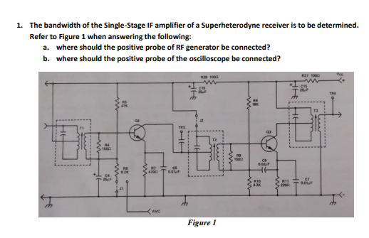 1. The bandwidth of the Single-Stage IF amplifier of a Superheterodyne receiver is to be determined.
Refer to Figure 1 when answering the following:
a. where should the positive probe of RF generator be connected?
b. where should the positive probe of the oscilloscope be connected?
16001
47
RIO
220
AVC
Figure I
