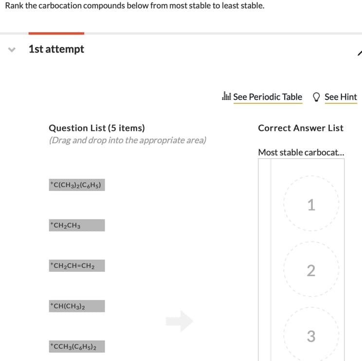 Rank the carbocation compounds below from most stable to least stable.
1st attempt
i See Periodic Table
See Hint
Question List (5 items)
Correct Answer List
(Drag and drop into the appropriate area)
Most stable carbocat..
*C(CH3)2(C6H5)
1
*CH2CH3
*CH2CH=CH2
*CH(CH3)2
3
*CCH3(C6H5)2
