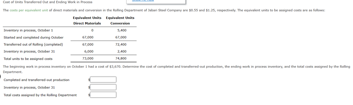 Cost of Units Transferred Out and Ending Work in Process
The costs per equivalent unit of direct materials and conversion in the Rolling Department of Jabari Steel Company are $0.55 and $1.25, respectively. The equivalent units to be assigned costs are as follows:
Equivalent Units
Direct Materials
Equivalent Units
Conversion
Inventory in process, October 1
Started and completed during October
Transferred out of Rolling (completed)
Inventory in process, October 31
Total units to be assigned costs
0
5,400
67,000
67,000
67,000
72,400
6,000
73,000
2,400
74,800
The beginning work in process inventory on October 1 had a cost of $3,670. Determine the cost of completed and transferred-out production, the ending work in process inventory, and the total costs assigned by the Rolling
Department.
Completed and transferred-out production
Inventory in process, October 31
Total costs assigned by the Rolling Department