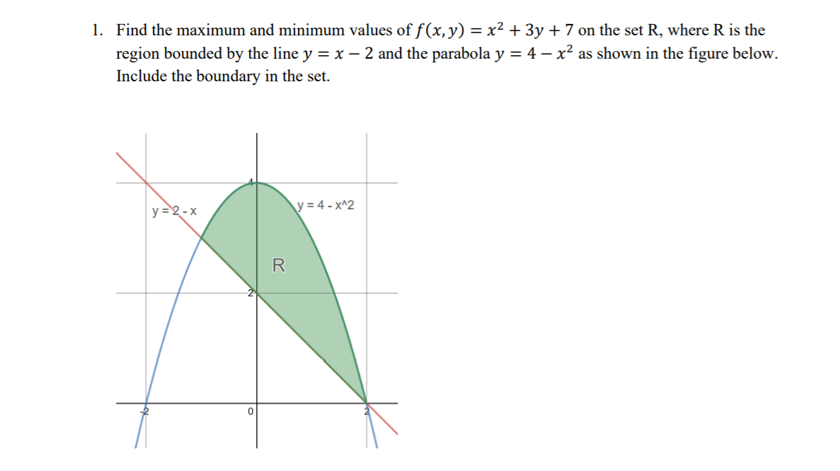 1. Find the maximum and minimum values of f(x, y) = x² + 3y + 7 on the set R, where R is the
region bounded by the line y = x − 2 and the parabola y = 4 − x² as shown in the figure below.
Include the boundary in the set.
y=2-x
R
y=4-x^2