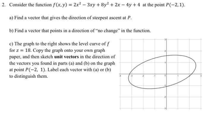2. Consider the function f(x, y) = 2x²-3xy + 8y² + 2x - 4y +4 at the point P(-2, 1).
a) Find a vector that gives the direction of steepest ascent at P.
b) Find a vector that points in a direction of "no change" in the function.
c) The graph to the right shows the level curve of f
for z 18. Copy the graph onto your own graph
paper, and then sketch unit vectors in the direction of
the vectors you found in parts (a) and (b) on the graph
at point P(-2, 1). Label each vector with (a) or (b)
to distinguish them.