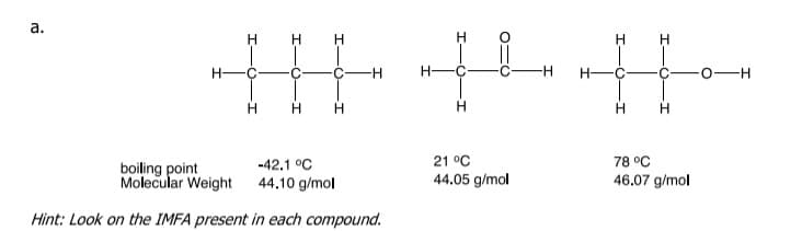 a.
H-
H
H
H
·C
H
H
-C -H
H
boiling point
Molecular Weight
-42.1 °C
44.10 g/mol
Hint: Look on the IMFA present in each compound.
H
H
21 °C
44.05 g/mol
H
C
H
H
C
78 °C
46.07 g/mol
-H