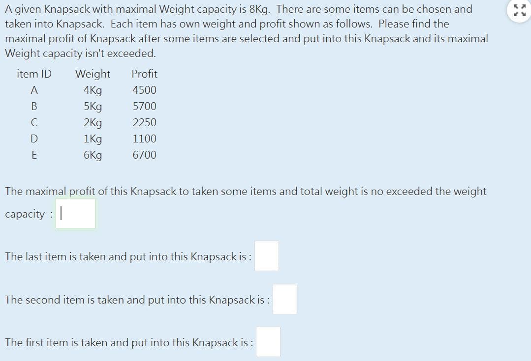A given Knapsack with maximal Weight capacity is 8Kg. There are some items can be chosen and
taken into Knapsack. Each item has own weight and profit shown as follows. Please find the
maximal profit of Knapsack after some items are selected and put into this Knapsack and its maximal
Weight capacity isn't exceeded.
item ID Weight
4Kg
5Kg
2Kg
1kg
6Kg
A
B
C
D
E
Profit
4500
5700
2250
1100
6700
The maximal profit of this Knapsack to taken some items and total weight is no exceeded the weight
capacity :
The last item is taken and put into this Knapsack is :
The second item is taken and put into this Knapsack is :
The first item is taken and put into this Knapsack is: