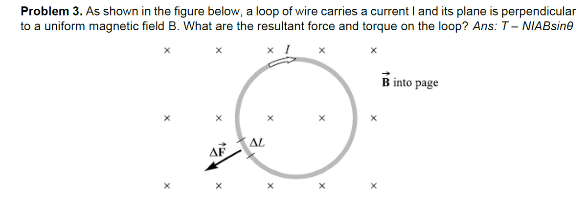 Problem 3. As shown in the figure below, a loop of wire carries a current I and its plane is perpendicular
to a uniform magnetic field B. What are the resultant force and torque on the loop? Ans: T– NIABsin0
B into page
AL
AF

