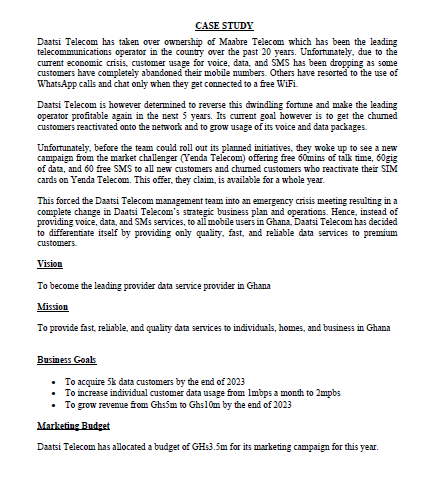 CASE STUDY
Daatsi Telecom has taken over ownership of Maabre Telecom which has been the leading
telecommunications operator in the country over the past 20 years. Unfortunately, due to the
current economic crisis, customer usage for voice, data, and SMS has been dropping as some
customers have completely abandoned their mobile numbers. Others have resorted to the use of
WhatsApp calls and chat only when they get connected to a free WiFi.
Daatsi Telecom is however determined to reverse this dwindling fortune and make the leading
operator profitable again in the next 5 years. Its current goal however is to get the churned
customers reactivated onto the network and to grow usage of its voice and data packages.
Unfortunately, before the team could roll out its planned initiatives, they woke up to see a new
campaign from the market challenger (Yenda Telecom) offering free 60mins of talk time, 60gig
of data, and 60 free SMS to all new customers and churned customers who reactivate their SIM
cards on Yenda Telecom. This offer, they claim, is available for a whole year.
This forced the Daatsi Telecom management team into an emergency crisis meeting resulting in a
complete change in Daatsi Telecom's strategic business plan and operations. Hence, instead of
providing voice, data, and SMs services, to all mobile users in Ghana, Daatsi Telecom has decided
to differentiate itself by providing only quality, fast, and reliable data services to premium
customers.
Vision
To become the leading provider data service provider in Ghana
Mission
To provide fast, reliable, and quality data services to individuals, homes, and business in Ghana
Business Goals
• To acquire 5k data customers by the end of 2023
• To increase individual customer data usage from Imbps a month to 2mpbs
• To grow revenue from Ghs5m to Ghs10m by the end of 2023
Marketing Budget
Daatsi Telecom has allocated a budget of GHs3.5m for its marketing campaign for this year.