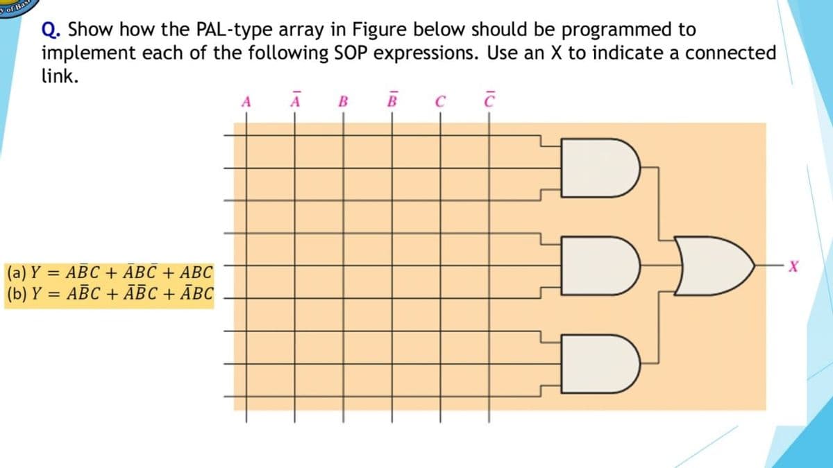 Dof Bas
Q. Show how the PAL-type array in Figure below should be programmed to
implement each of the following SOP expressions. Use an X to indicate a connected
link.
B
C
(a) Y — АВС + АBС + АВС
(b) Ү — АВС + АВС + Авс
