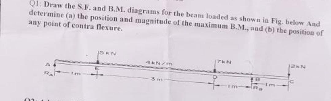 Q1: Draw the S.F. and B.M. diagrams for the beam loaded as shown in Fig. below And
determine (a) the position and magnitude of the maximum B.M., and (b) the position of
any point of contra flexure.
7KN
2KN
4KN/m
Im-
01

