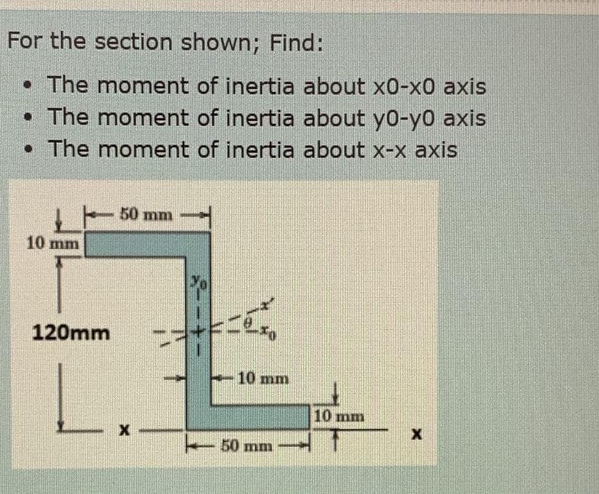 For the section shown; Find:
. The moment of inertia about x0-x0 axis
• The moment of inertia about yo-yo axis
• The moment of inertia about x-x axis
10 mm
120mm
50 mm
X
++F=²0
10 mm
50 mm
10 mm
X
