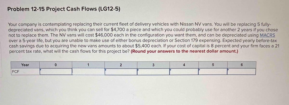 Problem 12-15 Project Cash Flows (LG12-5)
Your company is contemplating replacing their current fleet of delivery vehicles with Nissan NV vans. You will be replacing 5 fully-
depreciated vans, which you think you can sell for $4,700 a piece and which you could probably use for another 2 years if you chose
not to replace them. The NV vans will cost $46,000 each in the configuration you want them, and can be depreciated using MACRS
over a 5-year life, but you are unable to make use of either bonus depreciation or Section 179 expensing. Expected yearly before-tax
cash savings due to acquiring the new vans amounts to about $5,400 each. If your cost of capital is 8 percent and your firm faces a 21
percent tax rate, what will the cash flows for this project be? (Round your answers to the nearest dollar amount.)
FCF
Year
0
1
2
3
4
5
6