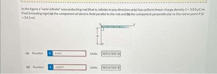 In the figure a "semi-infinite" nonconducting rod (that is, infinite in one direction only) has uniform linear charge density À = 3.03 μC/m.
Find (including sign) (a) the component of electric field parallel to the rod and (b) the component perpendicular to the rod at point P (R
-24.5 m).
(a) Number
0.041
(b) Number i 0.0037
R
Units
Units
N/C or V/m #
N/C or V/m #