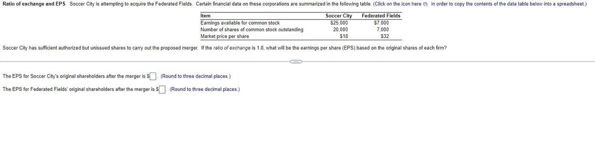 Ratio of exchange and EPS Soccer City is attempting to acquire the Federated Fields. Certain financial data on these corporations are summarized in the following table. (Click on the icon here in order to copy the contents of the data table below into a spreadsheet.)
Item
Federated Fields
$7,000
Earnings available for common stock
Number of shares of common stock outstanding
Market price per share
Soccer City
$25,000
20,000
$18
7,000
$32
Soccer City has sufficient authorized but unissued shares to carry out the proposed merger. If the ratio of exchange is 1.8, what will be the earnings per share (EPS) based on the original shares of each firm?
The EPS for Soccer City's original shareholders after the merger is S.
The EPS for Federated Fields' original shareholders after the merger is $
(Round to three decimal places.)
(Round to three decimal places.)