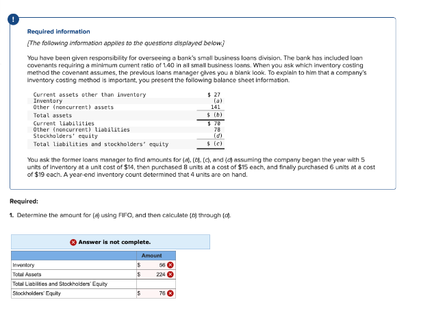 Required information
[The following information applies to the questions displayed below.]
You have been given responsibility for overseeing a bank's small business loans division. The bank has included loan
covenants requiring a minimum current ratio of 1.40 in all small business loans. When you ask which inventory costing
method the covenant assumes, the previous loans manager gives you a blank look. To explain to him that a company's
Inventory costing method is important, you present the following balance sheet Information.
Current assets other than inventory
Inventory
Other (noncurrent) assets.
Total assets
Current liabilities
Other (noncurrent) liabilities
Stockholders' equity
Total liabilities and stockholders' equity
Answer is not complete.
Inventory
Total Assets
Total Liabilities and Stockholders' Equity
Stockholders' Equity
Amount
$
$
You ask the former loans manager to find amounts for (a), (b), (c), and (d) assuming the company began the year with 5
units of inventory at a unit cost of $14, then purchased 8 units at a cost of $15 each, and finally purchased 6 units at a cost
of $19 each. A year-end Inventory count determined that 4 units are on hand.
$
$ 27
(a)
Required:
1. Determine the amount for (a) using FIFO, and then calculate (b) through (a).
56
224 x
******
76 x
141
$ (b)
$ 70
$ (c)