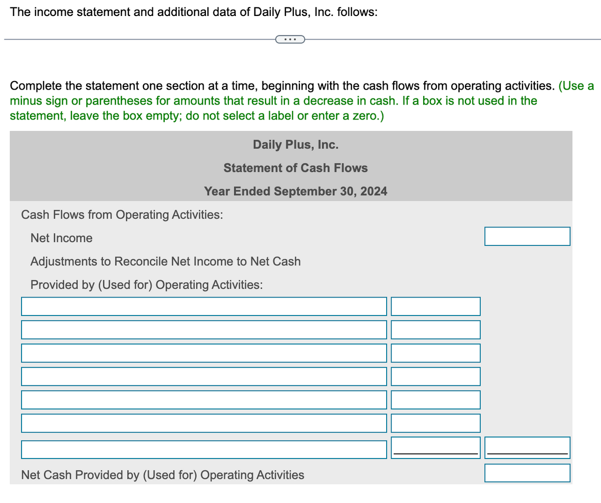 The income statement and additional data of Daily Plus, Inc. follows:
Complete the statement one section at a time, beginning with the cash flows from operating activities. (Use a
minus sign or parentheses for amounts that result in a decrease in cash. If a box is not used in the
statement, leave the box empty; do not select a label or enter a zero.)
Daily Plus, Inc.
Statement of Cash Flows
Year Ended September 30, 2024
Cash Flows from Operating Activities:
Net Income
Adjustments to Reconcile Net Income to Net Cash
Provided by (Used for) Operating Activities:
Net Cash Provided by (Used for) Operating Activities