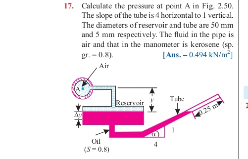 17. Calculate the pressure at point A in Fig. 2.50.
The slope of the tube is 4 horizontal to 1 vertical.
The diameters of reservoir and tube are 50 mm
and 5 mm respectively. The fluid in the pipe is
air and that in the manometer is kerosene (sp.
gr. = 0.8).
[Ans. -0.494 kN/m²]
Air
LIT
Oil
(S=0.8)
Reservoir
A
Tube
0.25 m