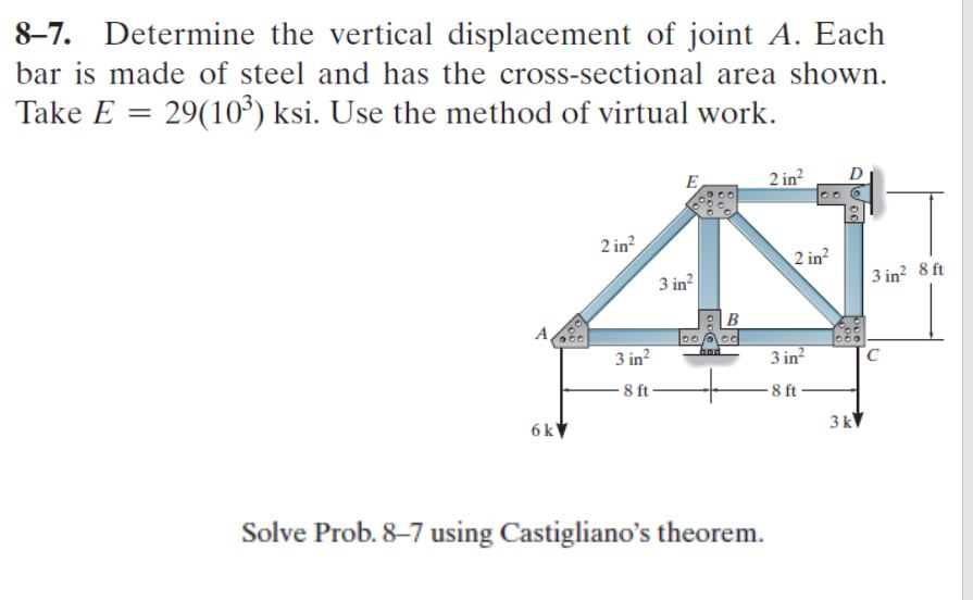 8-7. Determine the vertical displacement of joint A. Each
bar is made of steel and has the cross-sectional area shown.
Take E = 29(10³) ksi. Use the method of virtual work.
A
6k
2 in²
3 in²
8 ft-
E
3 in²
DOG
had
B
2 in²
Solve Prob. 8-7 using Castigliano's theorem.
2 in²
3 in²
-8 ft
3kV
3 in² 8 ft
C