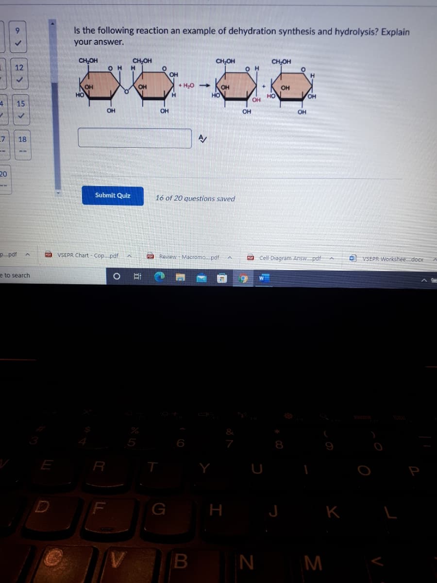 9
Is the following reaction an example of dehydration synthesis and hydrolysis? Explain
your answer.
CH,OH
CH,OH
CH,OH
CH,OH
12
OH H
O H
OH
H
+ H,O
OH
HO
OH
OH
OH
HO
но
но
он
4
15
OH
OH
Он
OH
7
18
--
20
Submit Quiz
16 of 20 questions saved
p.pdf
C VSEPR Chart - Cop..pdf
PDF
Por
Review Macromo..pdf
PDF
PDF
Cell Diagram Answ.pdf
O VSEPR Workshee.doCx
e to search
5
6
8
9
E
R
P
F
G
H
J
K
B
N M
