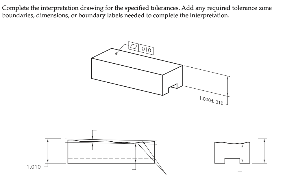 Complete the interpretation drawing for the specified tolerances. Add any required tolerance zone
boundaries, dimensions, or boundary labels needed to complete the interpretation.
.010
1.000±.010
HI
1.010
