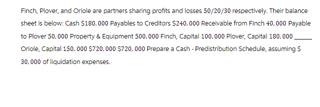 Finch, Plover, and Oriole are partners sharing profits and losses 50/20/30 respectively. Their balance
sheet is below: Cash $180,000 Payables to Creditors $240,000 Receivable from Finch 40,000 Payable
to Plover 50,000 Property & Equipment 500,000 Finch, Capital 100,000 Plover, Capital 180,000
Oriole, Capital 150,000 $720,000 $720, 000 Prepare a Cash - Predistribution Schedule, assuming $
30,000 of liquidation expenses.