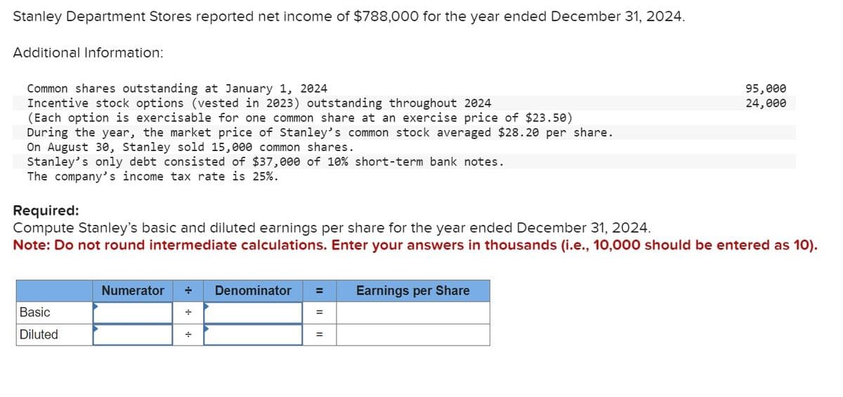 Stanley Department Stores reported net income of $788,000 for the year ended December 31, 2024.
Additional Information:
Common shares outstanding at January 1, 2024
Incentive stock options (vested in 2023) outstanding throughout 2024
(Each option is exercisable for one common share at an exercise price of $23.50)
During the year, the market price of Stanley's common stock averaged $28.20 per share.
On August 30, Stanley sold 15,000 common shares.
Stanley's only debt consisted of $37,000 of 10% short-term bank notes.
The company's income tax rate is 25%.
Required:
Compute Stanley's basic and diluted earnings per share for the year ended December 31, 2024.
Note: Do not round intermediate calculations. Enter your answers in thousands (i.e., 10,000 should be entered as 10).
Basic
Diluted
Numerator
+
+
+
Denominator = Earnings per Share
=
95,000
24,000
=