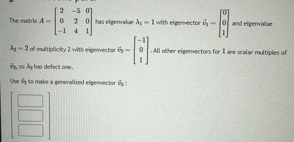The matrix A=
2 -5 01
0 2 0 has eigenvalue A₁ = 1 with eigenvector ₁
-1 4 1
A2 = 2 of multiplicity 2 with eigenvector 2 =
2, so ₂ has defect one.
Use 2 to make a generalized eigenvector v3:
A
0 and eigenvalue
All other eigenvectors for 1 are scalar multiples of